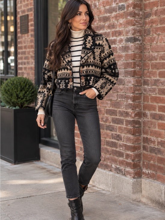 Nostalgia Jackets & Blazers - NEW Vintage Black & Tan Patterned Shawl Collar Cropped Jacket-M